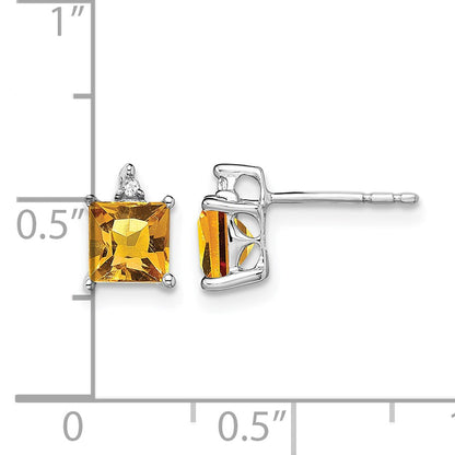 14k White Gold 5mm Princess Citrine and .01 carat Diamond Post Earrings