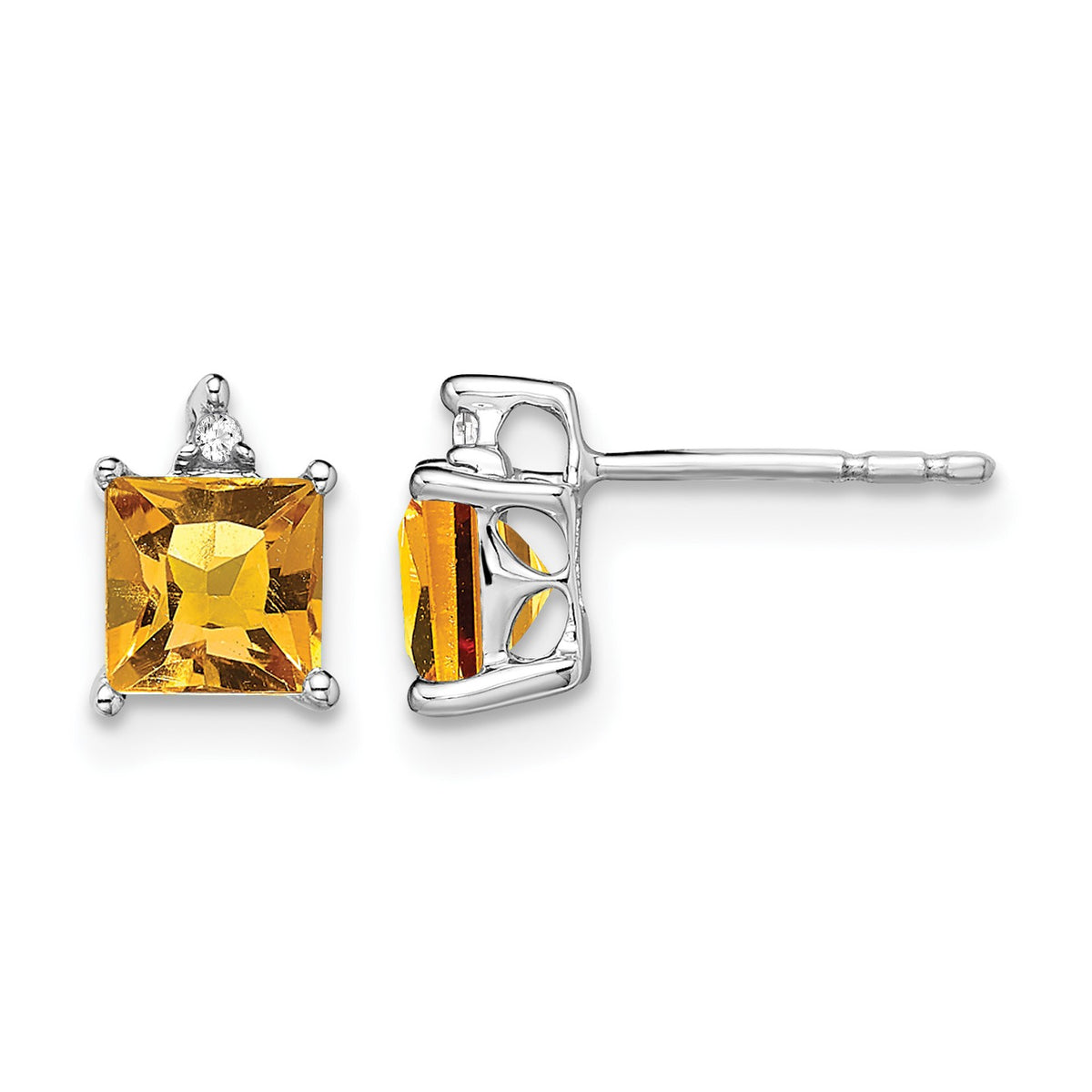 14k White Gold 5mm Princess Citrine and .01 carat Diamond Post Earrings