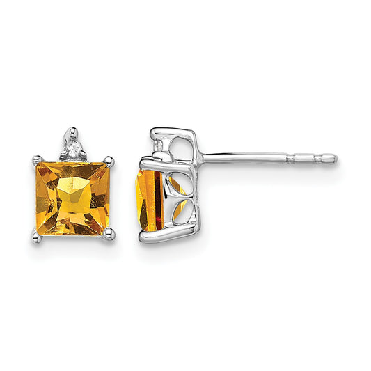 14k White Gold 5mm Princess Citrine and .01 carat Diamond Post Earrings