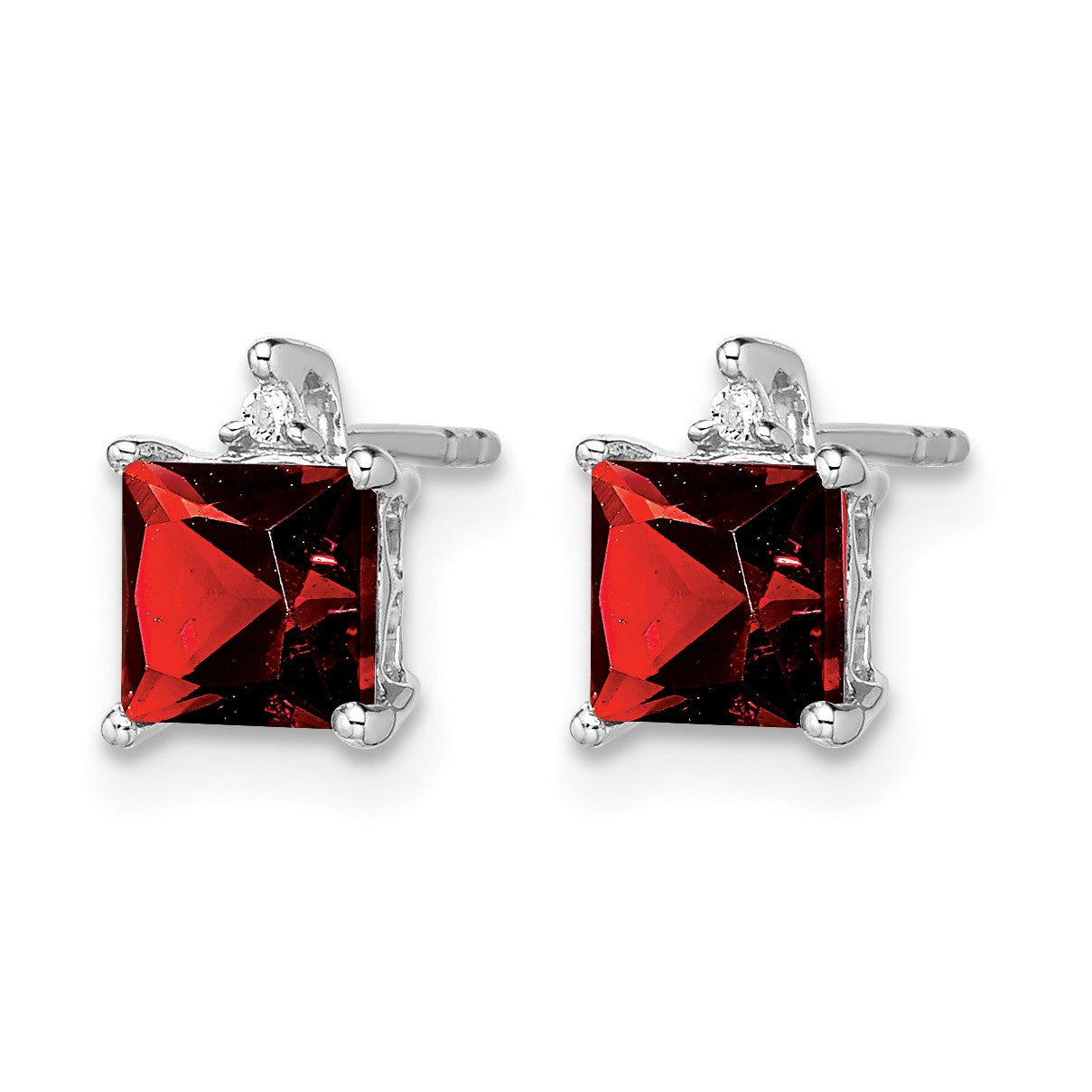 14k White Gold 5mm Princess Garnet and .01 carat Diamond Post Earrings