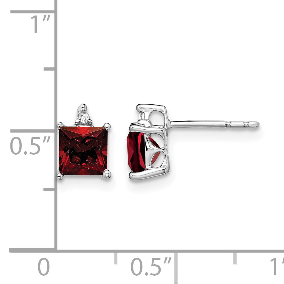 14k White Gold 5mm Princess Garnet and .01 carat Diamond Post Earrings