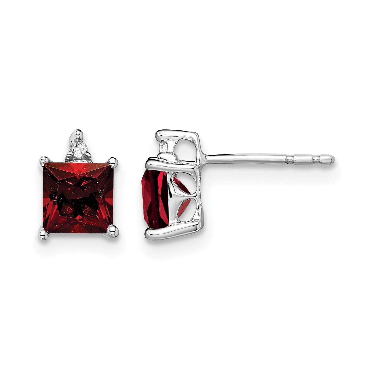 14k White Gold 5mm Princess Garnet and .01 carat Diamond Post Earrings