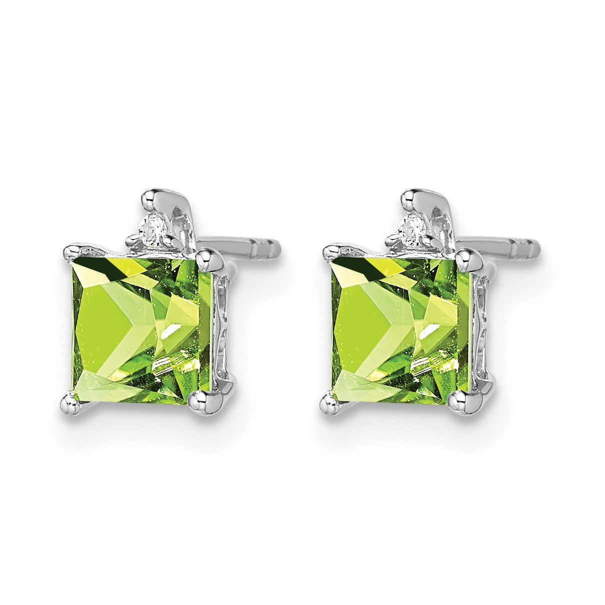 14k White Gold 5mm Princess Peridot and .01 carat Diamond Post Earrings