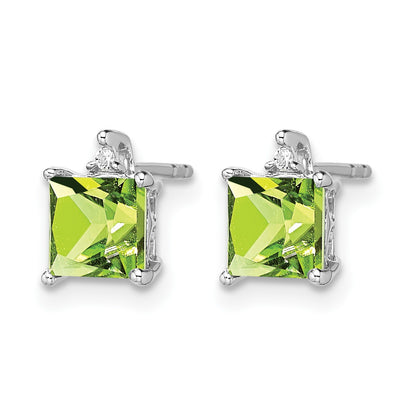 14k White Gold 5mm Princess Peridot and .01 carat Diamond Post Earrings