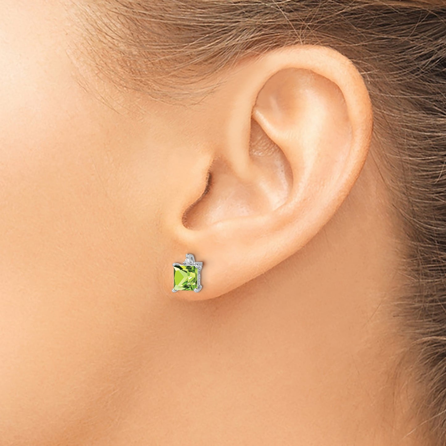 14k White Gold 5mm Princess Peridot and .01 carat Diamond Post Earrings