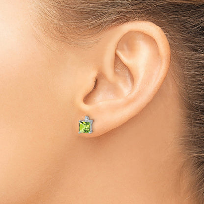 14k White Gold 5mm Princess Peridot and .01 carat Diamond Post Earrings
