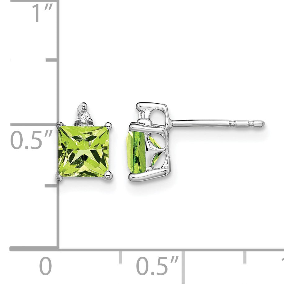 14k White Gold 5mm Princess Peridot and .01 carat Diamond Post Earrings