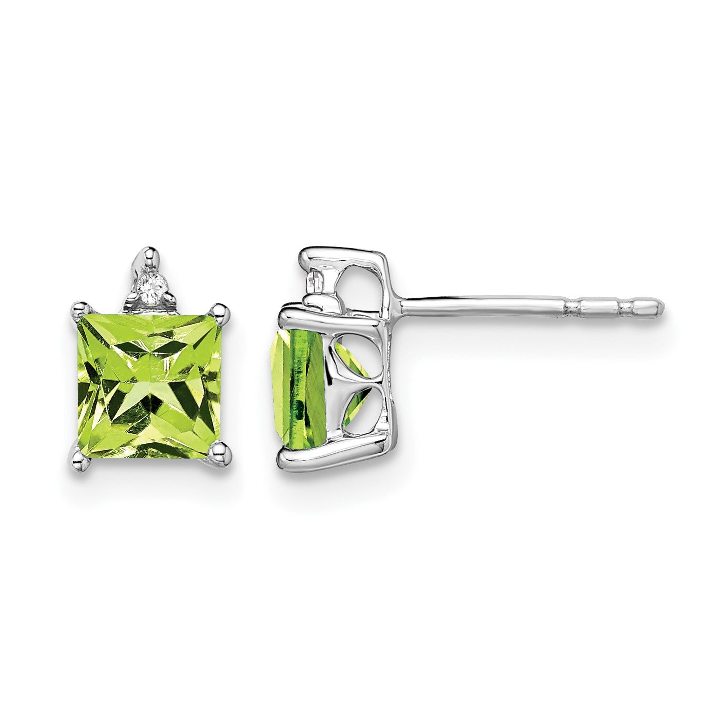 14k White Gold 5mm Princess Peridot and .01 carat Diamond Post Earrings