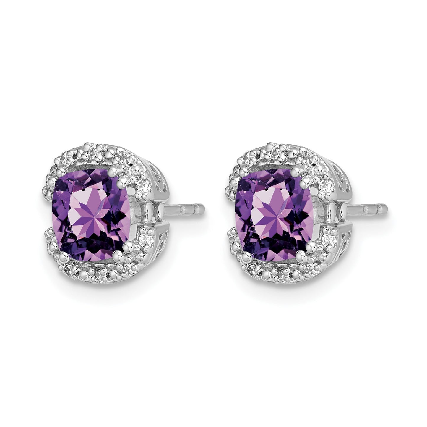 14k White Gold 6mm Cushion Amethyst and .10 carat Diamond Halo Post Earrings