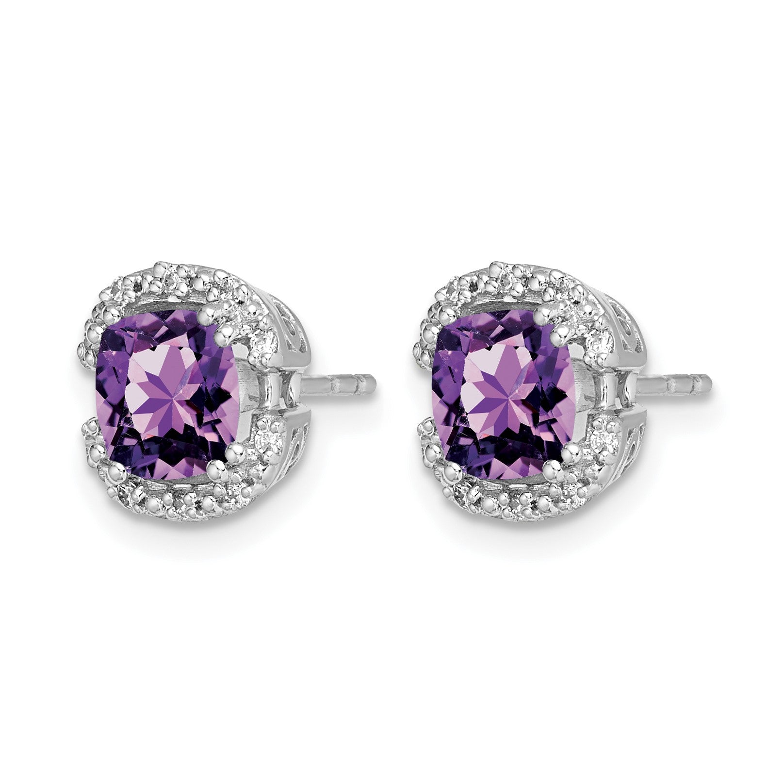 14k White Gold 6mm Cushion Amethyst and .10 carat Diamond Halo Post Earrings