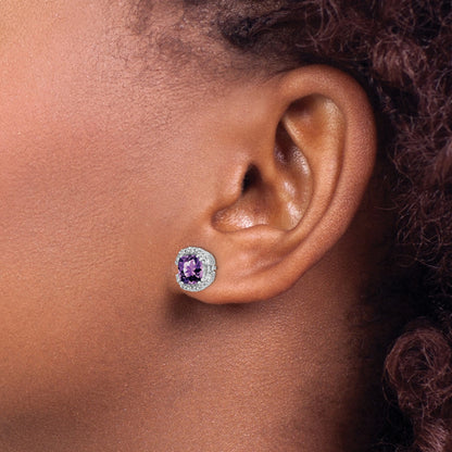 14k White Gold 6mm Cushion Amethyst and .10 carat Diamond Halo Post Earrings