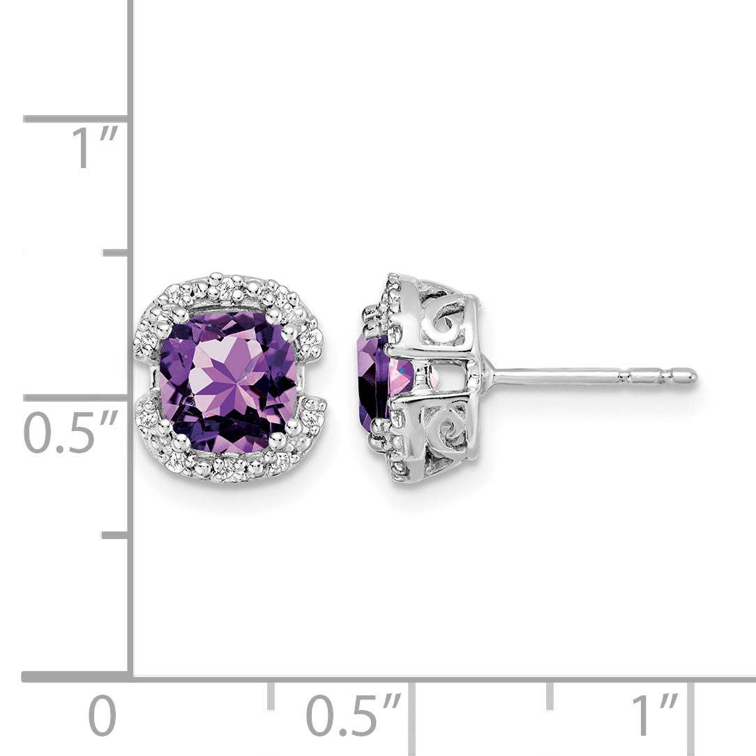 14k White Gold 6mm Cushion Amethyst and .10 carat Diamond Halo Post Earrings