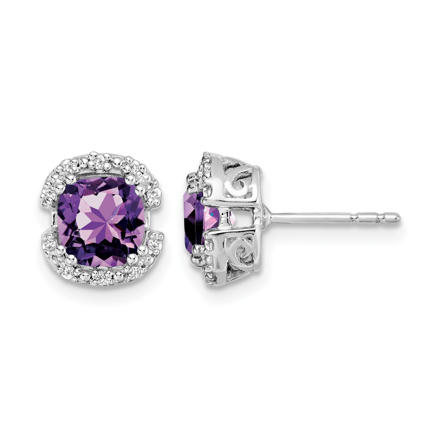 14k White Gold 6mm Cushion Amethyst and .10 carat Diamond Halo Post Earrings