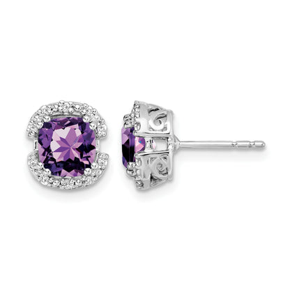 14k White Gold 6mm Cushion Amethyst and .10 carat Diamond Halo Post Earrings