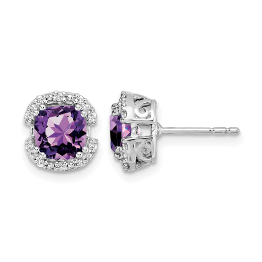 14k White Gold 6mm Cushion Amethyst and .10 carat Diamond Halo Post Earrings