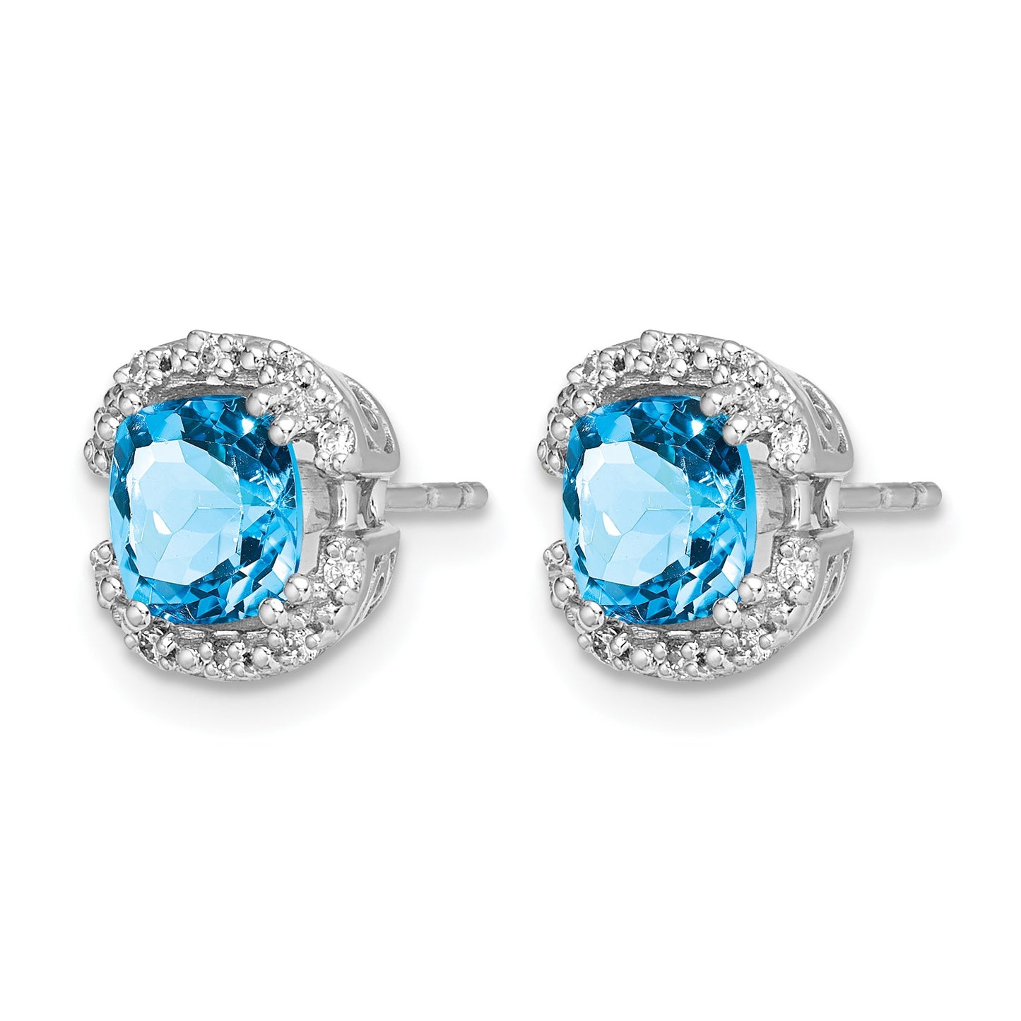 14k White Gold 6mm Cushion Blue Topaz and .10 carat Diamond Halo Post Earrings