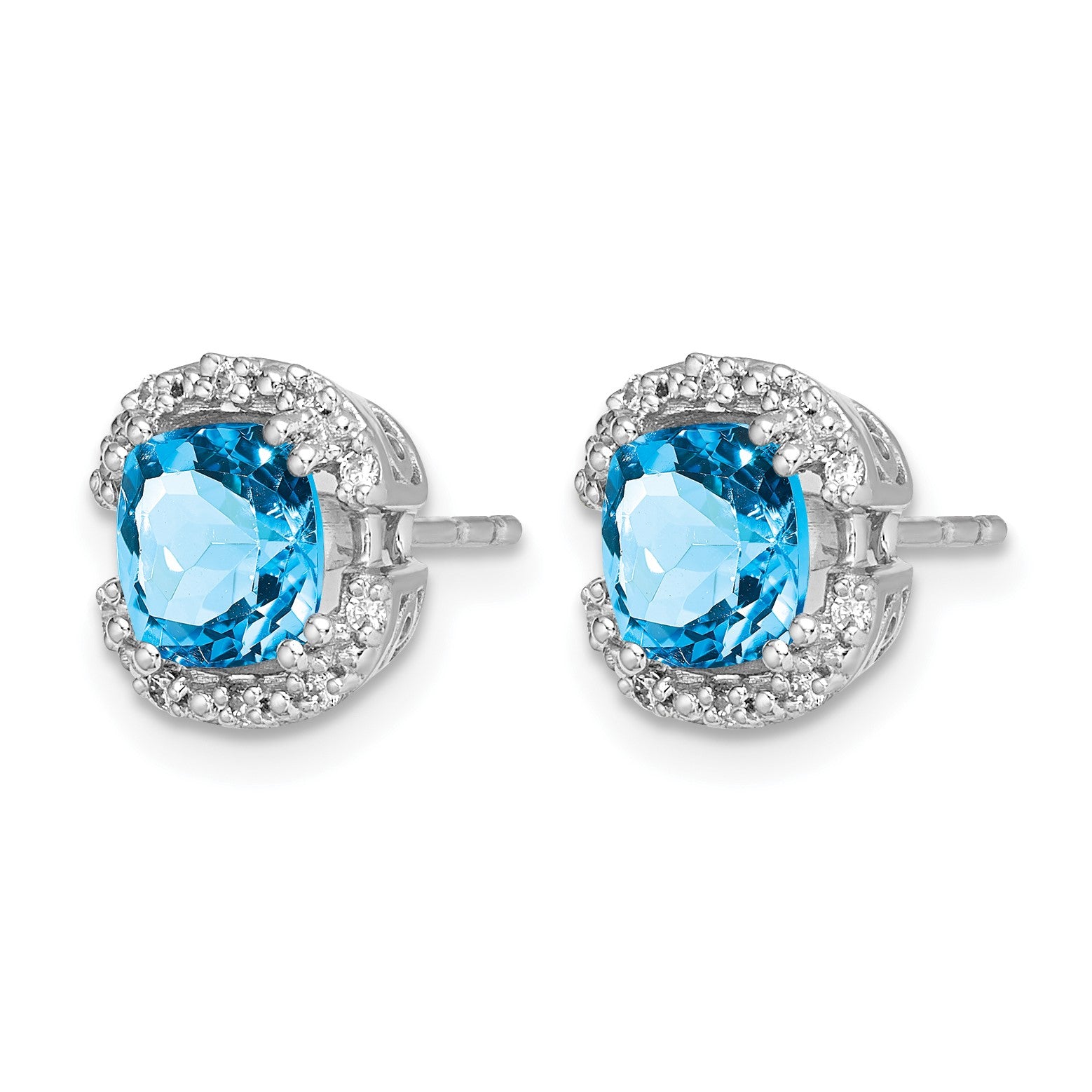 14k White Gold 6mm Cushion Blue Topaz and .10 carat Diamond Halo Post Earrings