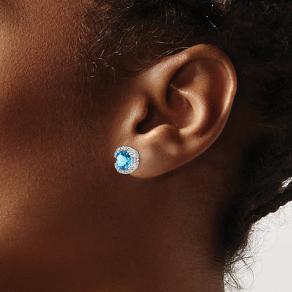 14k White Gold 6mm Cushion Blue Topaz and .10 carat Diamond Halo Post Earrings