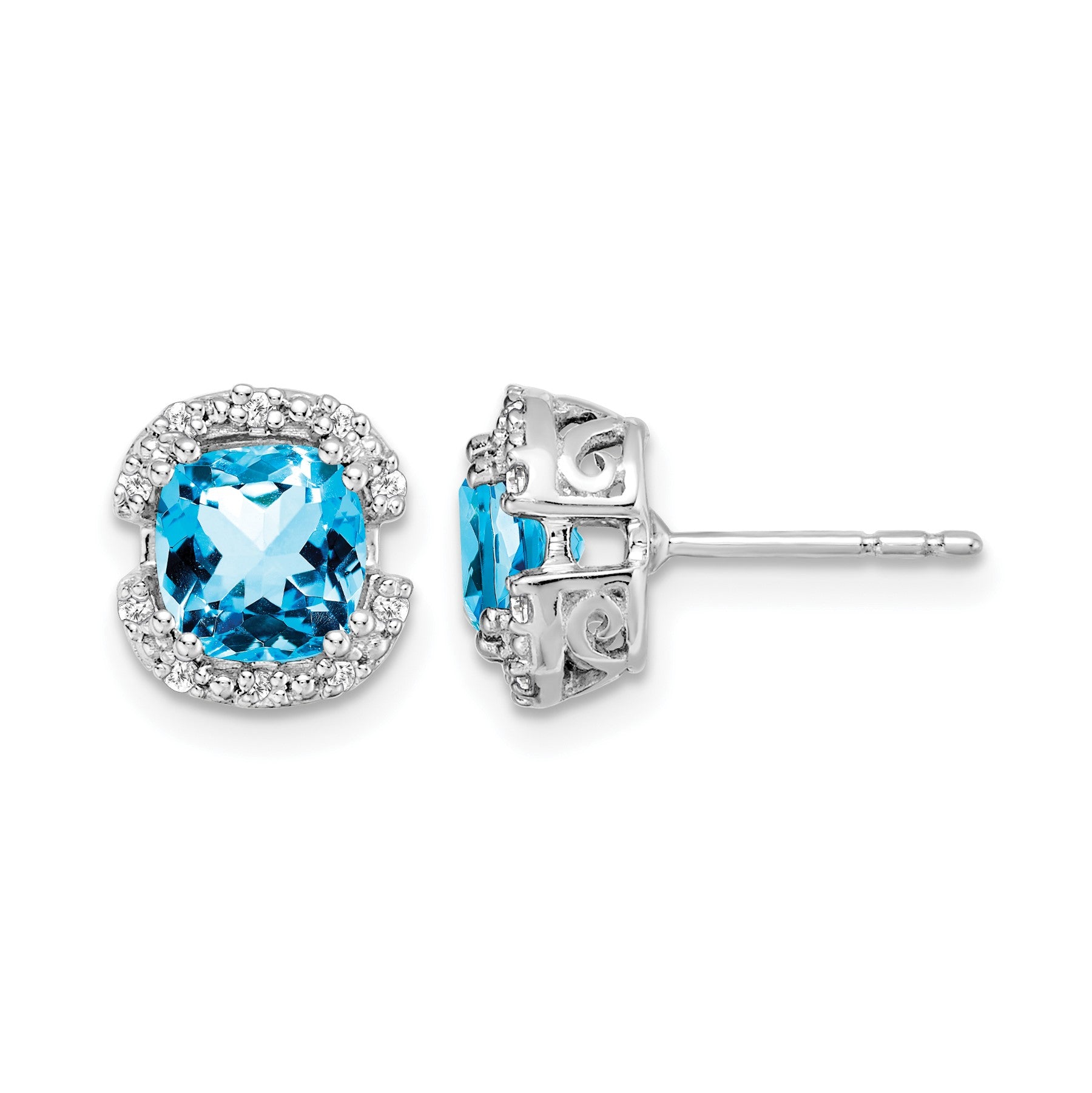 14k White Gold 6mm Cushion Blue Topaz and .10 carat Diamond Halo Post Earrings