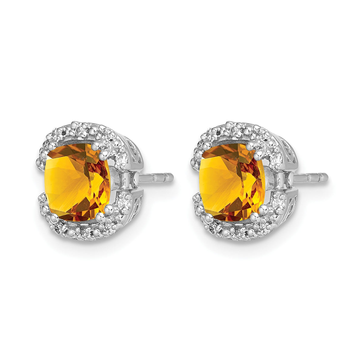 14k White Gold 6mm Cushion Citrine and .10 carat Diamond Halo Post Earrings