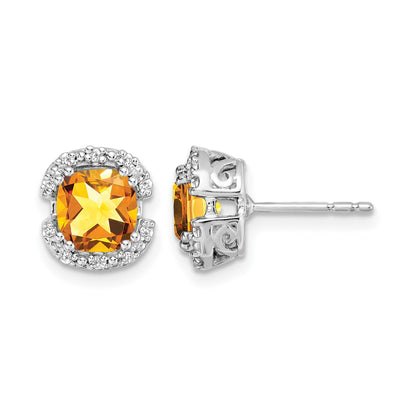 14k White Gold 6mm Cushion Citrine and .10 carat Diamond Halo Post Earrings