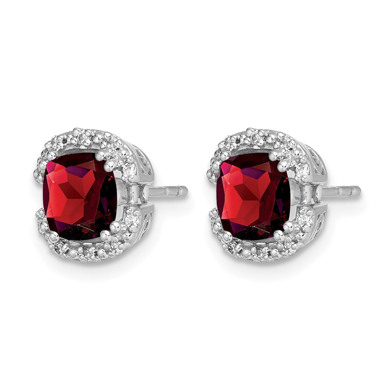14k White Gold 6mm Cushion Garnet and .10 carat Diamond Halo Post Earrings