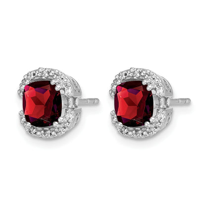 14k White Gold 6mm Cushion Garnet and .10 carat Diamond Halo Post Earrings