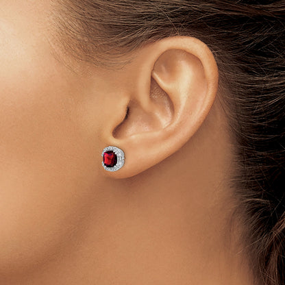 14k White Gold 6mm Cushion Garnet and .10 carat Diamond Halo Post Earrings