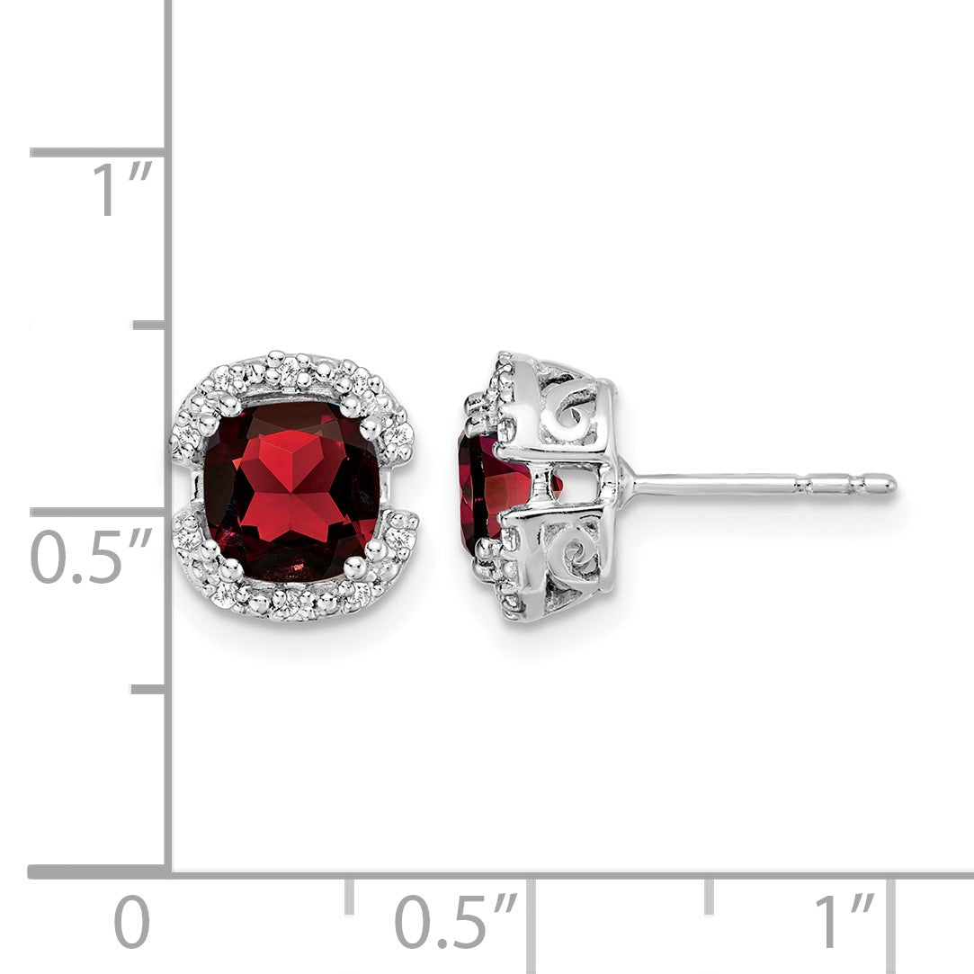 14k White Gold 6mm Cushion Garnet and .10 carat Diamond Halo Post Earrings