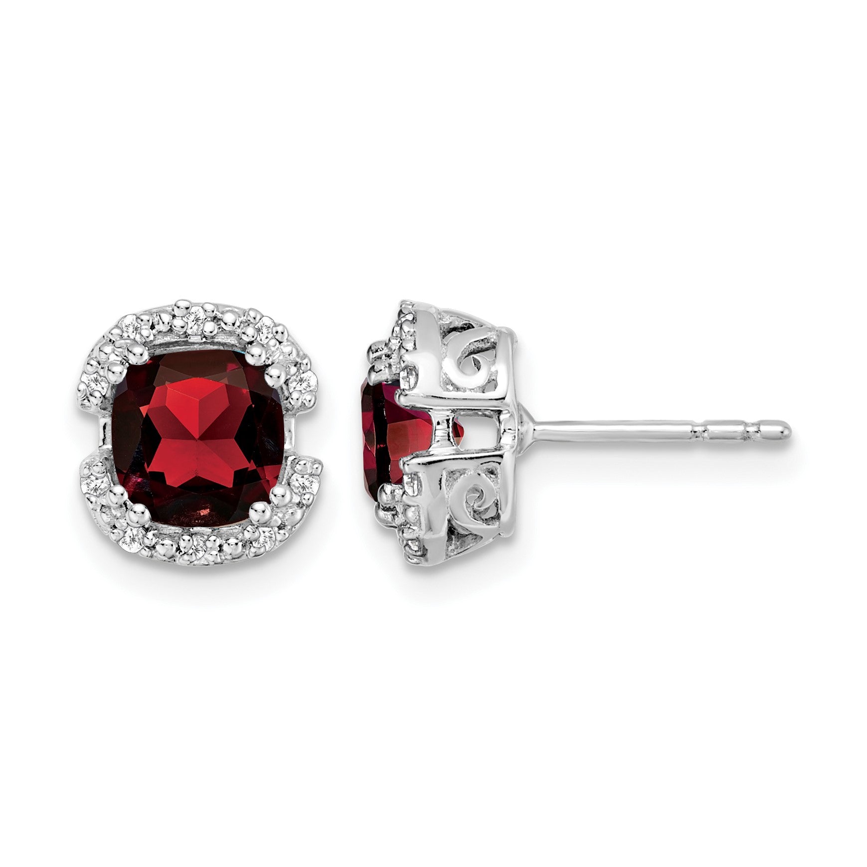 14k White Gold 6mm Cushion Garnet and .10 carat Diamond Halo Post Earrings