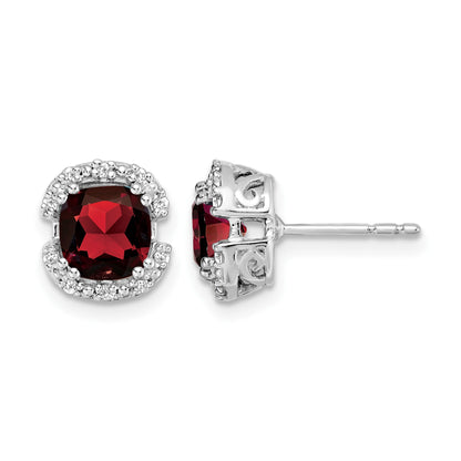 14k White Gold 6mm Cushion Garnet and .10 carat Diamond Halo Post Earrings