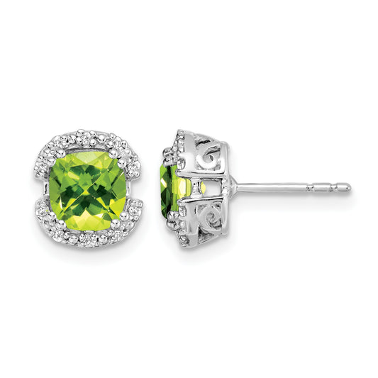 14k White Gold 6mm Cushion Peridot and .10 carat Diamond Halo Post Earrings