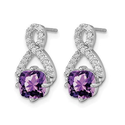 14k White Gold 6mm Cushion Amethyst and .17 carat Diamond Post Earrings