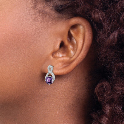 14k White Gold 6mm Cushion Amethyst and .17 carat Diamond Post Earrings
