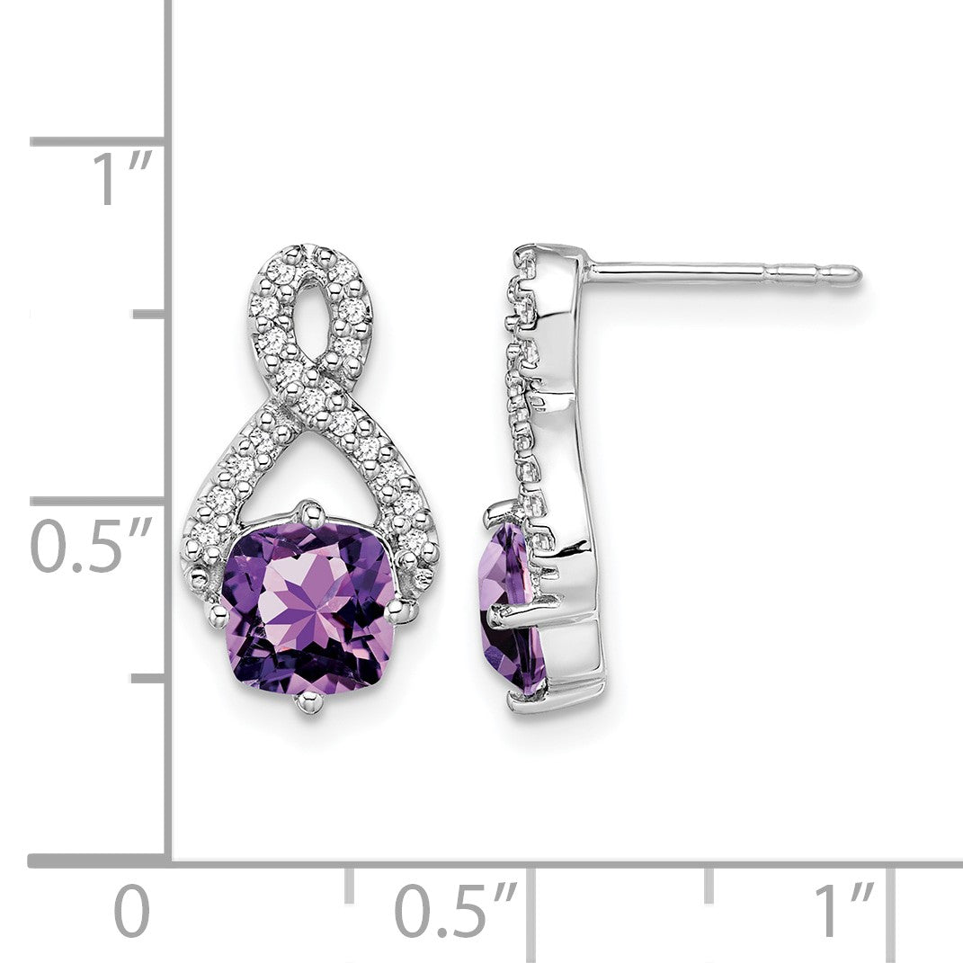 14k White Gold 6mm Cushion Amethyst and .17 carat Diamond Post Earrings