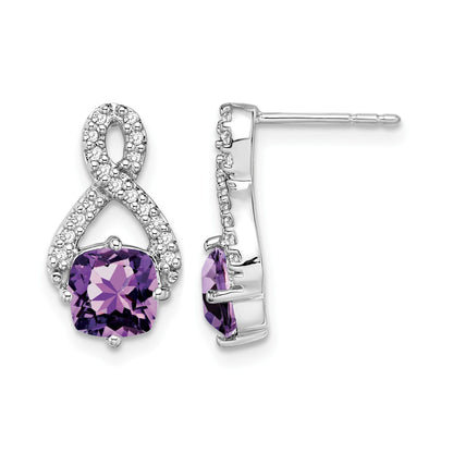 14k White Gold 6mm Cushion Amethyst and .17 carat Diamond Post Earrings