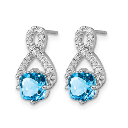 14k White Gold 6mm Cushion Blue Topaz and .17 carat Diamond Post Earrings