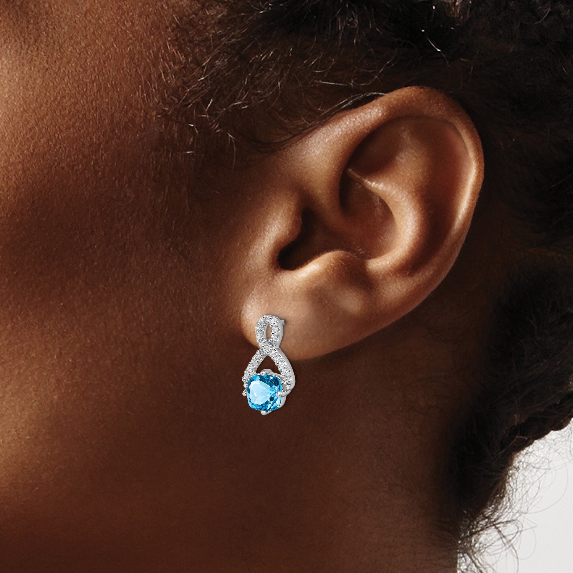 14k White Gold 6mm Cushion Blue Topaz and .17 carat Diamond Post Earrings