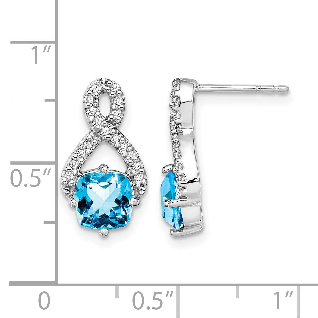 14k White Gold 6mm Cushion Blue Topaz and .17 carat Diamond Post Earrings