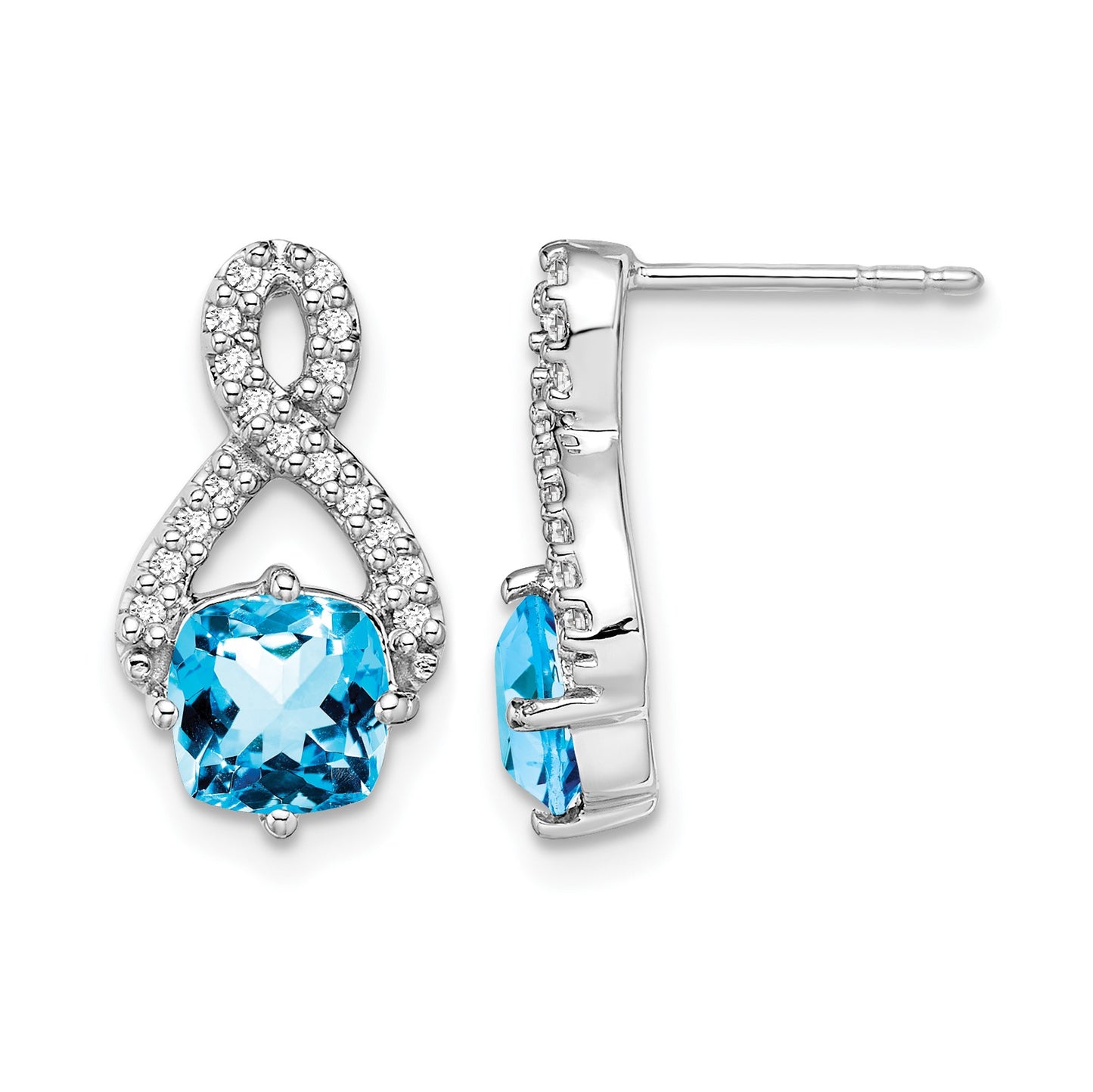 14k White Gold 6mm Cushion Blue Topaz and .17 carat Diamond Post Earrings