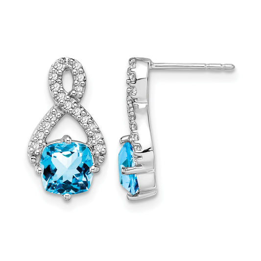 14k White Gold 6mm Cushion Blue Topaz and .17 carat Diamond Post Earrings