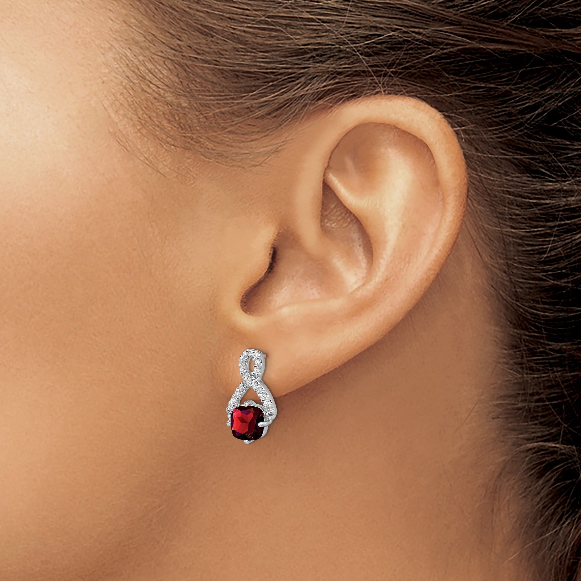 14k White Gold 6mm Cushion Garnet and .17 carat Diamond Post Earrings