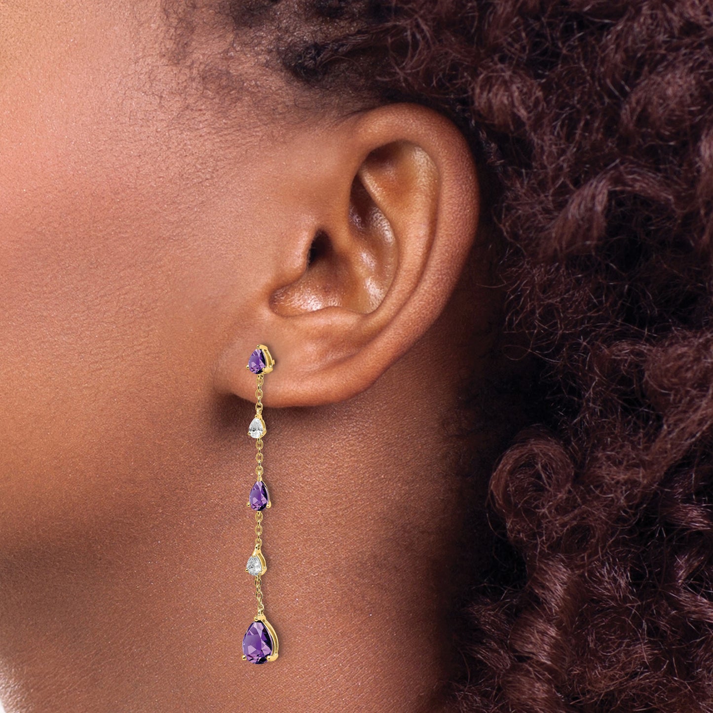 14k Pear Amethyst and White Topaz Dangle Chain Post Earrings