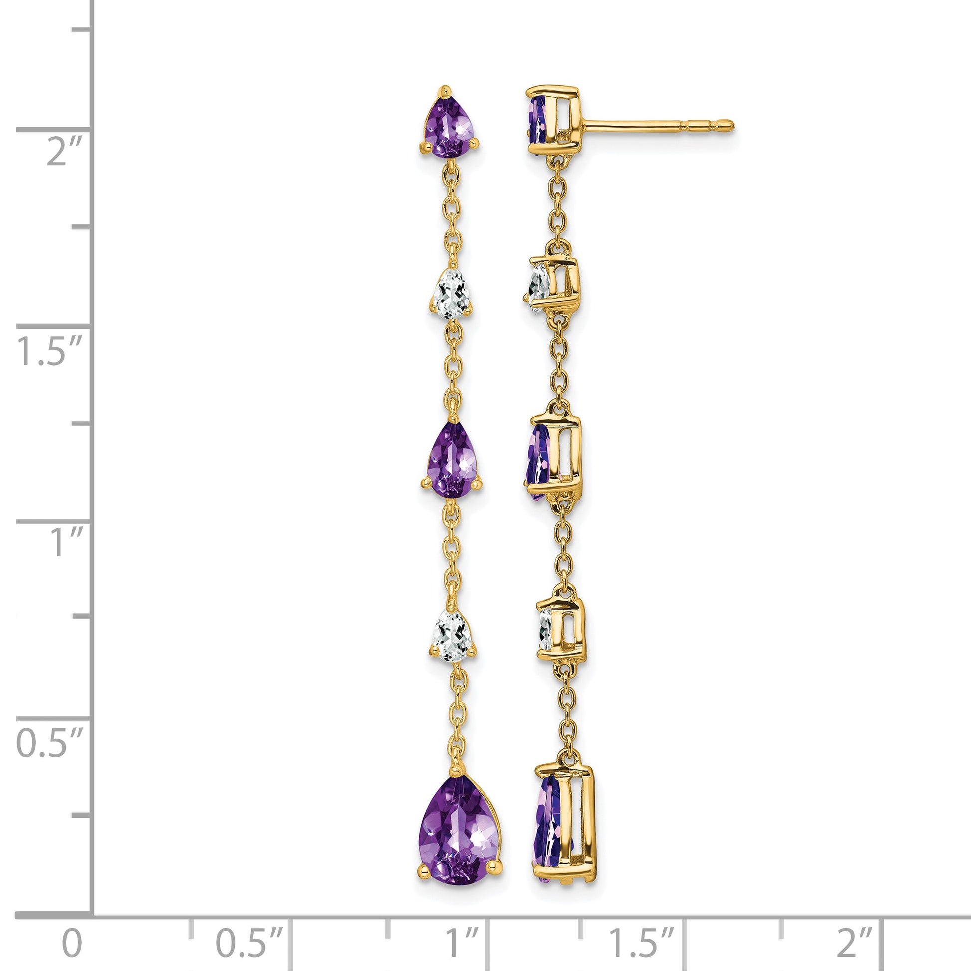 14k Pear Amethyst and White Topaz Dangle Chain Post Earrings