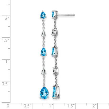 14k White Gold Pear Blue Topaz and White Topaz Dangle Chain Post Earrings