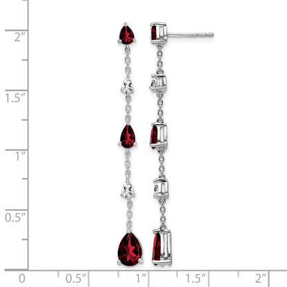 14k White Gold Pear Garnet and White Topaz Dangle Chain Post Earrings