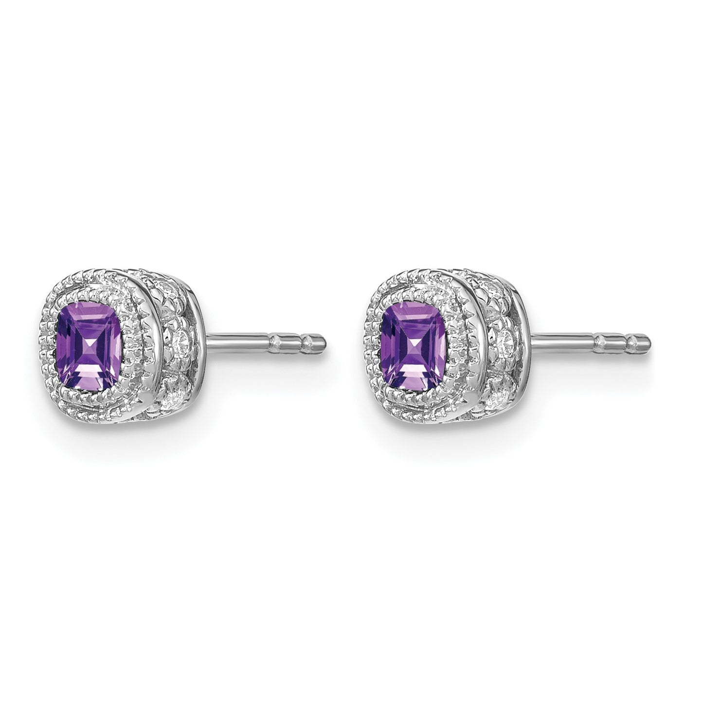 14k White Gold 4.5mm Cushion Amethyst and .19 carat Diamond Post Earrings