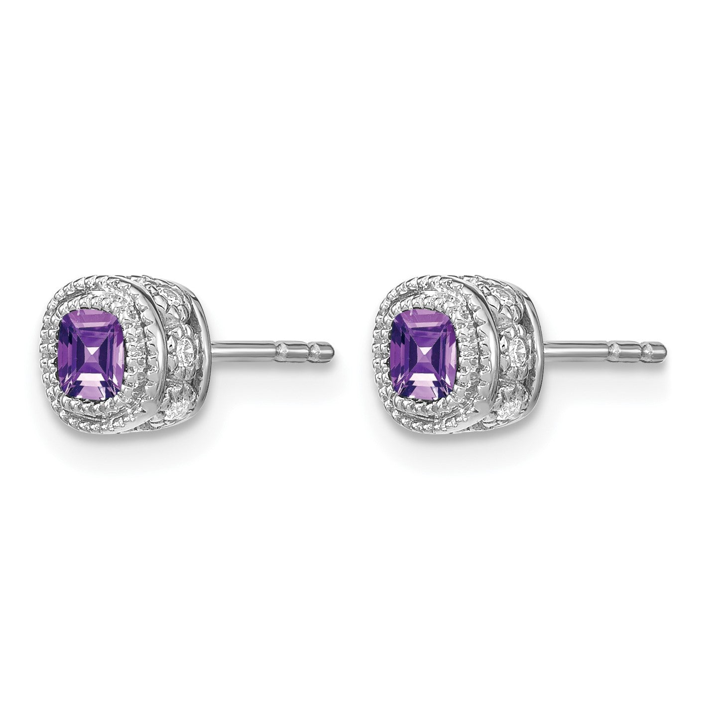 14k White Gold 4.5mm Cushion Amethyst and .19 carat Diamond Post Earrings