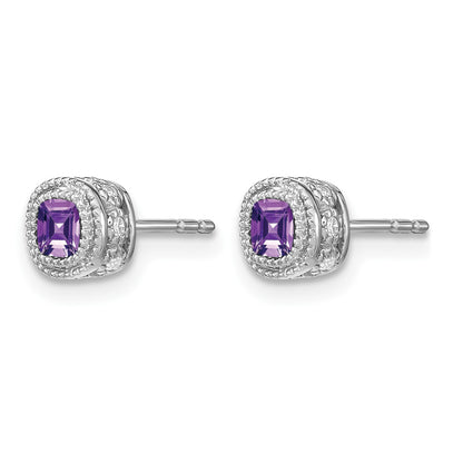 14k White Gold 4.5mm Cushion Amethyst and .19 carat Diamond Post Earrings
