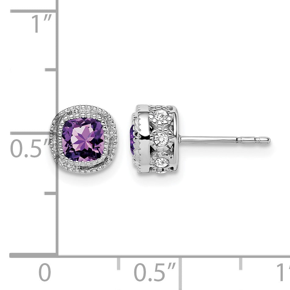 14k White Gold 4.5mm Cushion Amethyst and .19 carat Diamond Post Earrings